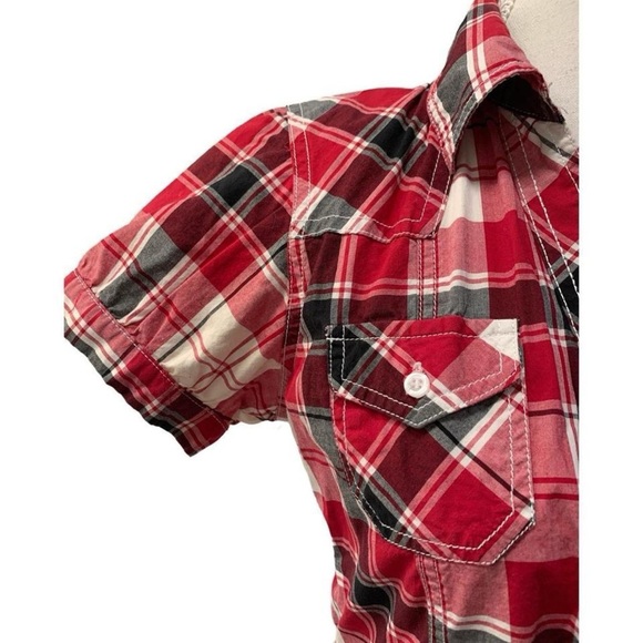 SWS Y2k Red Check Plaid Button Down Shirt with Puff Sleeve Size Medium - Picture 6 of 7